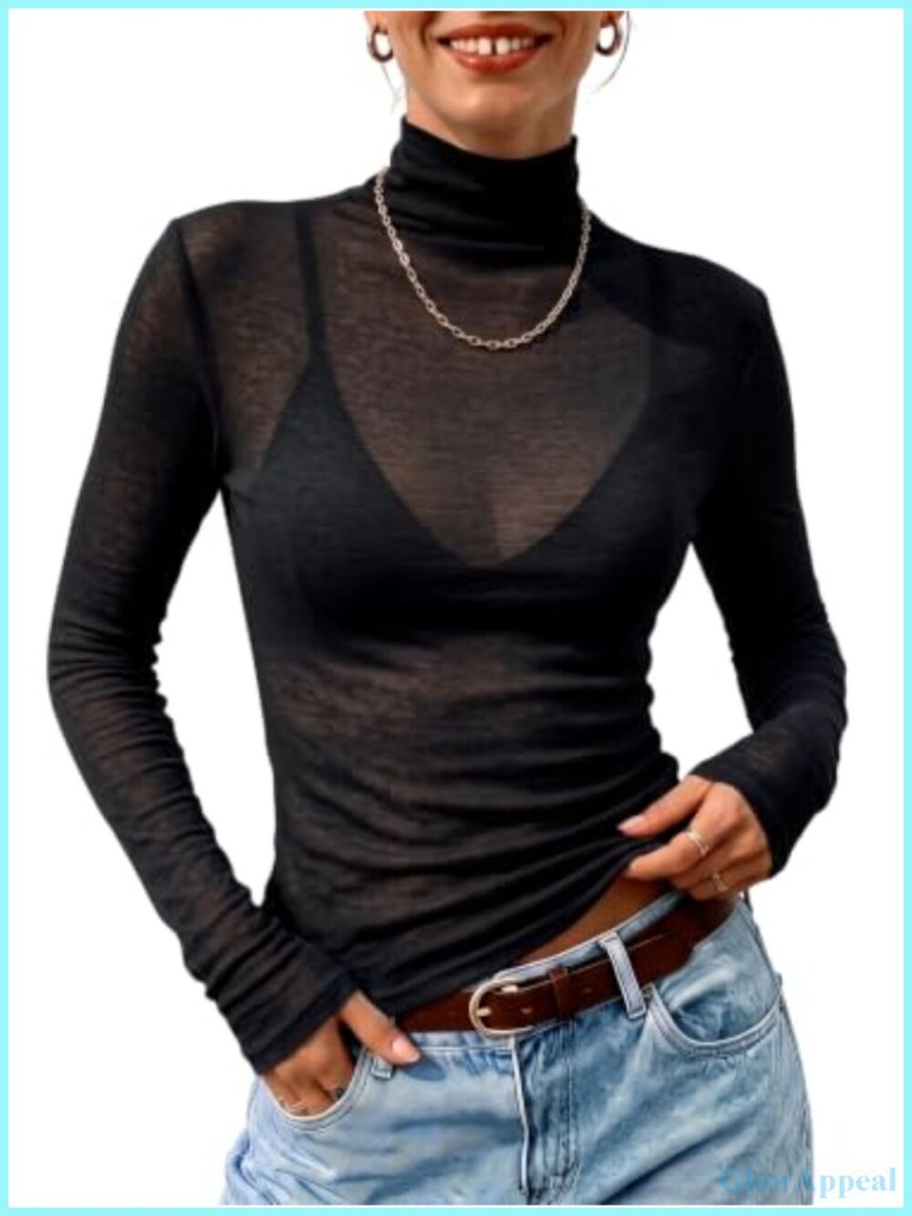 Women's Sheer Mock Neck Long Sleeve Slim Fit Cotton Layering Top